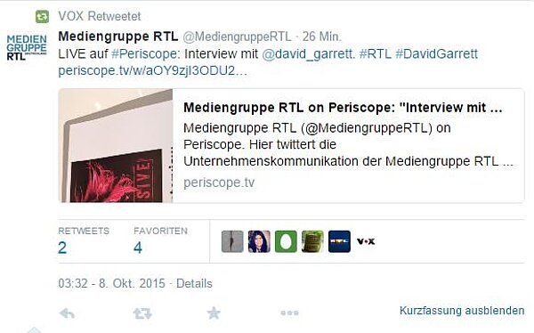 Screenshot eines Tweets der Mediengruppe RTL