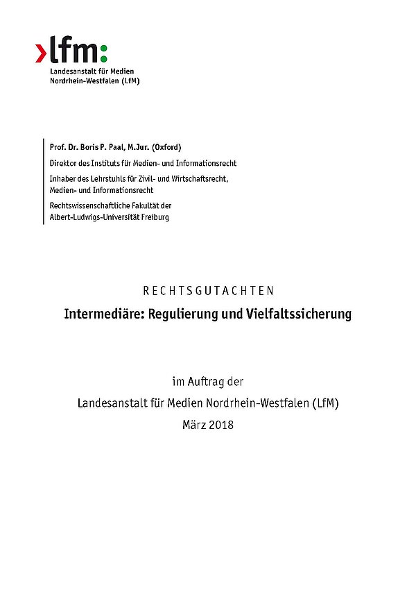 Cover des Gutachtens Intermediäre: Regulierung und Vielfaltssicherung Cover des Gutachtens Intermediäre: Regulierung und Vielfaltssicherung